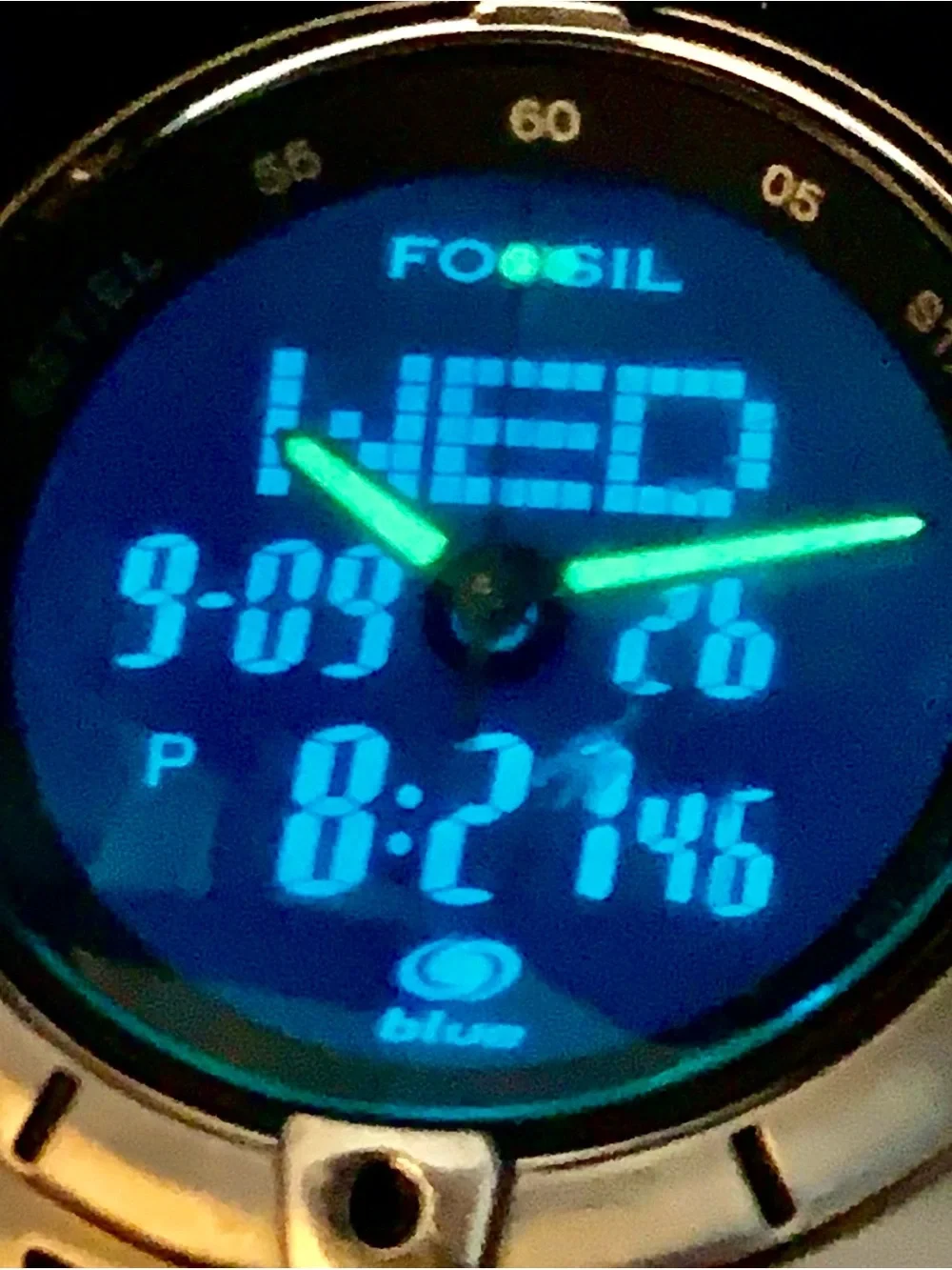 FOSSIL BLUE BQ-9167 Men’s Rare Vintage Ana-Dig Wristwatch Chrono Works New Batt